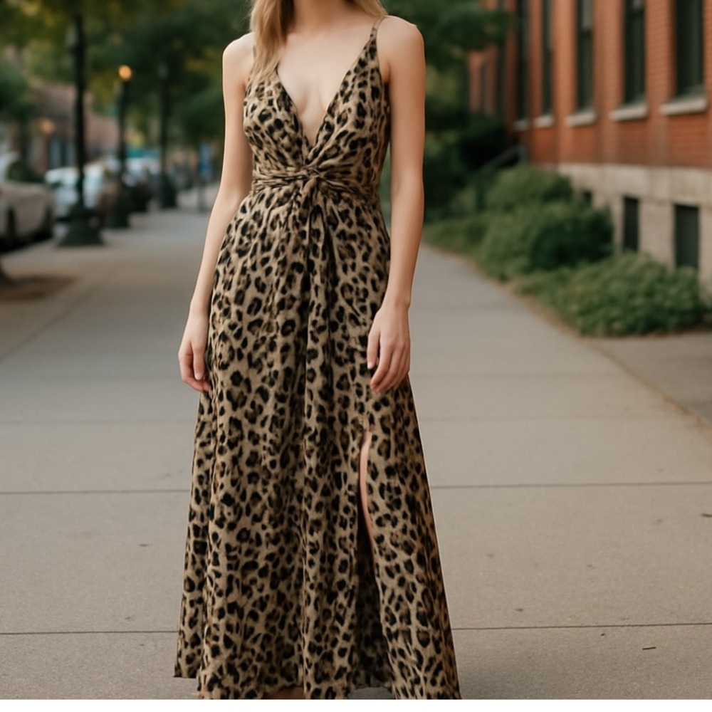 Olivaceous | Animal Print Plunging Maxi Dress